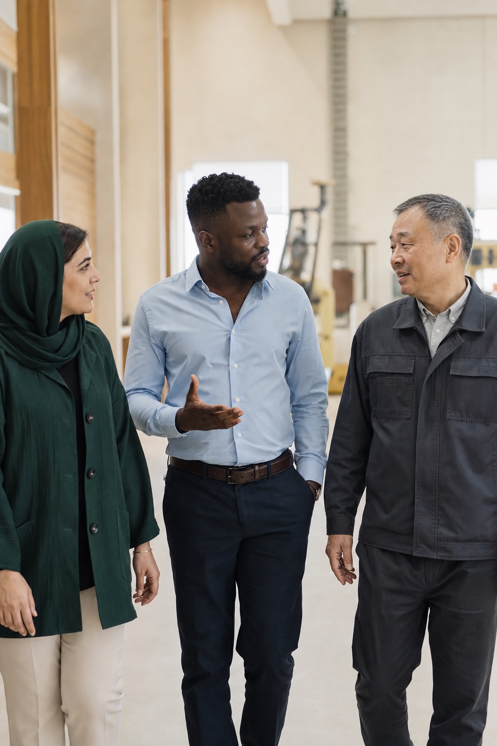 Business operators walking together through a successful production facility