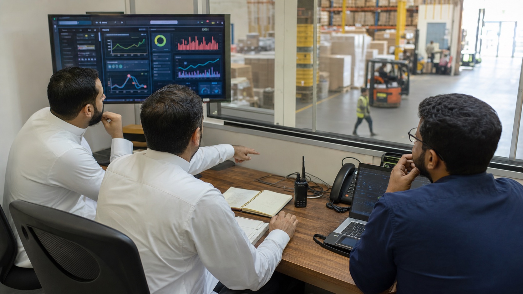 Operations team using live performance data in a logistics hub